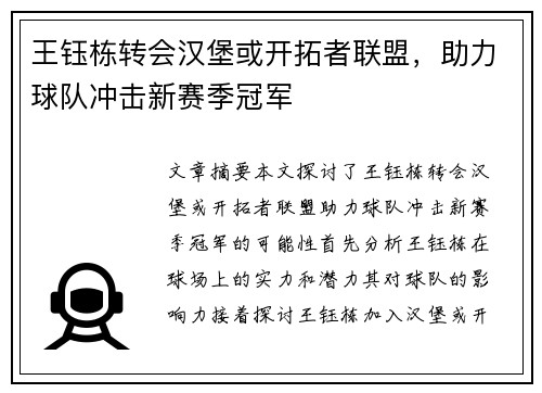 王钰栋转会汉堡或开拓者联盟，助力球队冲击新赛季冠军